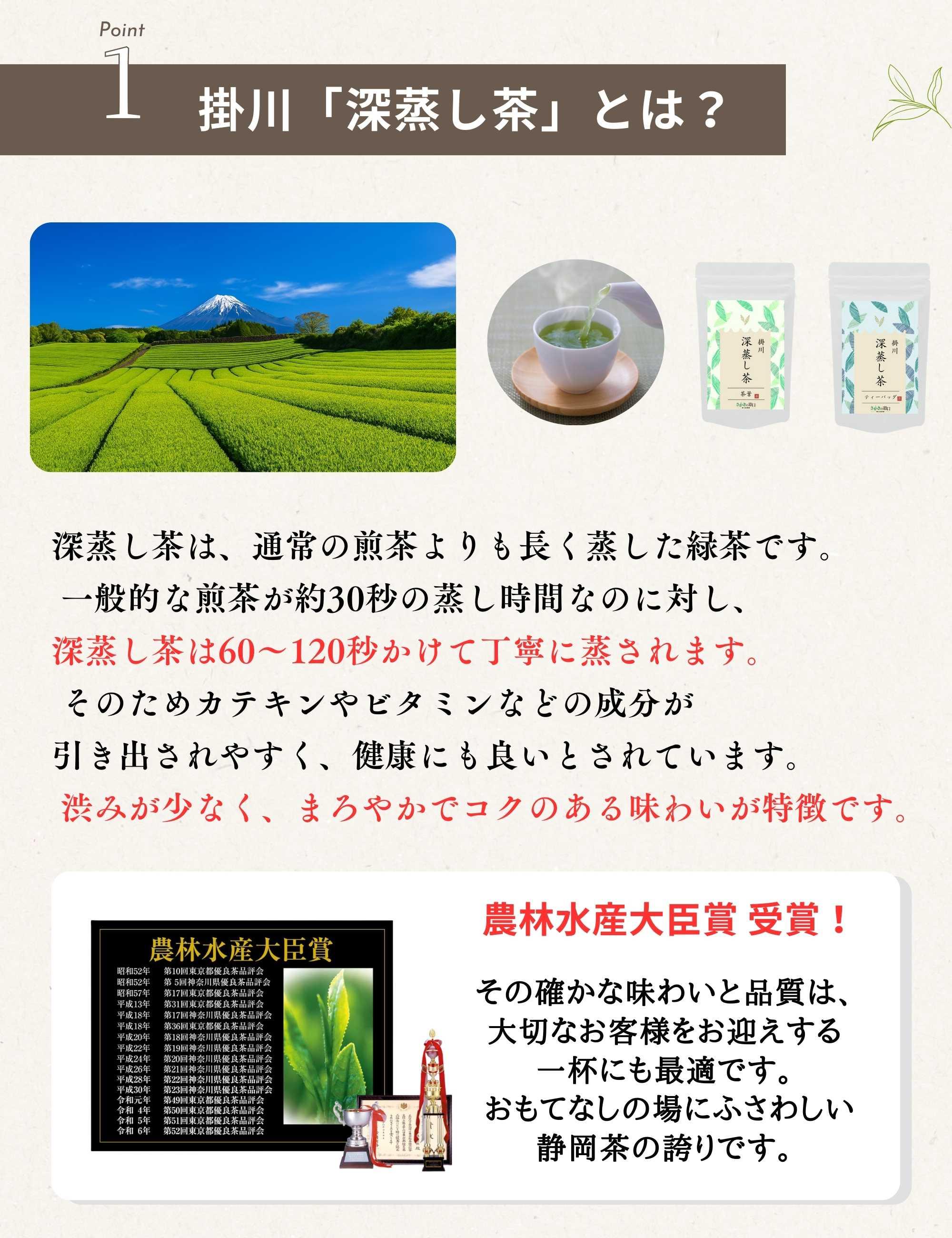 掛川産の深蒸し茶。通常の煎茶より長く蒸して仕上げた、まろやかな味わいが特徴の農林水産大臣賞を受賞したお茶